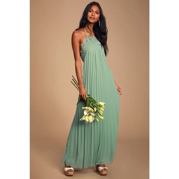 Lulus Dresses & Skirts - NEW LULUS size small Encinitas Sage Green Lace Pleated Halter Maxi Dress
